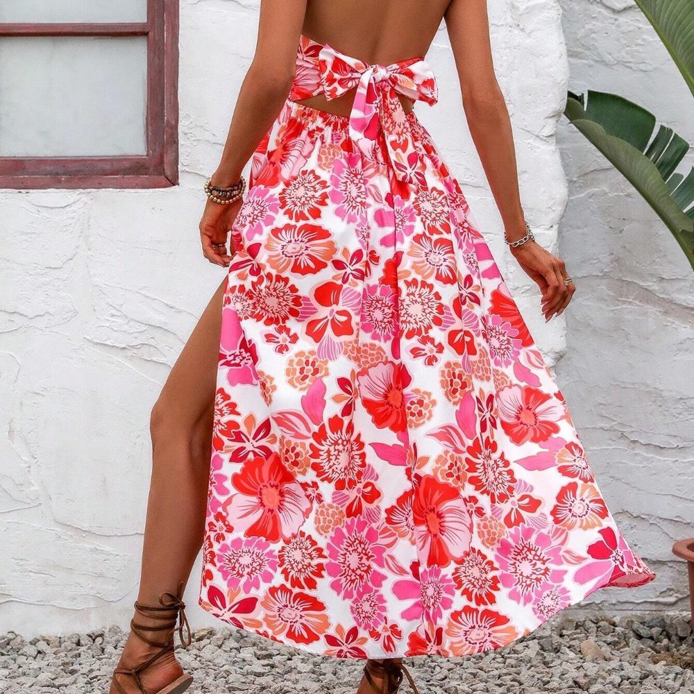 Red Boho Womens Floral Print Tie Backless Halter Neck Ruffle Hem Dress - Picture 3 of 5